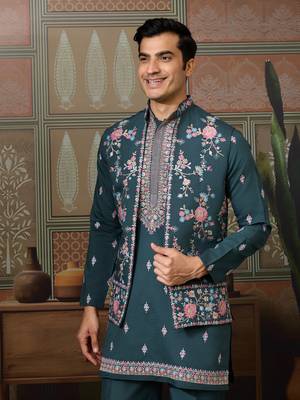 Green viscose silk multi thread with sequence embroidered work kurta jacket & bottom 2