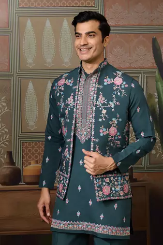 Green viscose silk multi thread with sequence embroidered work kurta jacket & bottom