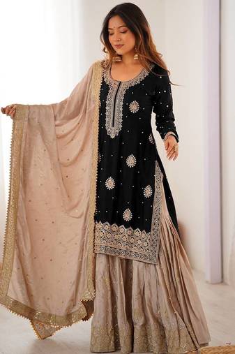 Black Chinon Silk Embroidered Kurta Sharara Set