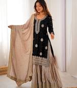 Black Chinon Silk Embroidered Kurta Sharara Set