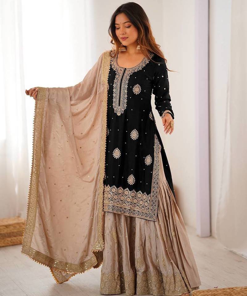 Black Chinon Silk Embroidered Kurta Sharara Set