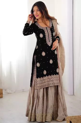 Black Chinon Silk Embroidered Kurta Sharara Set