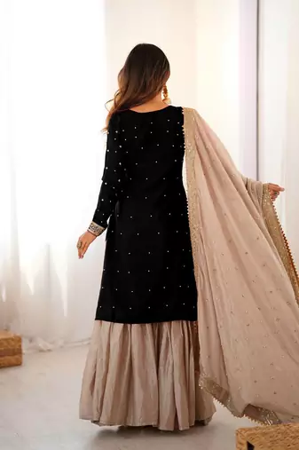 Black Chinon Silk Embroidered Kurta Sharara Set