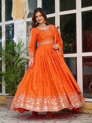 Orange Thread & Sequins Anarkali Set in American Silk 1