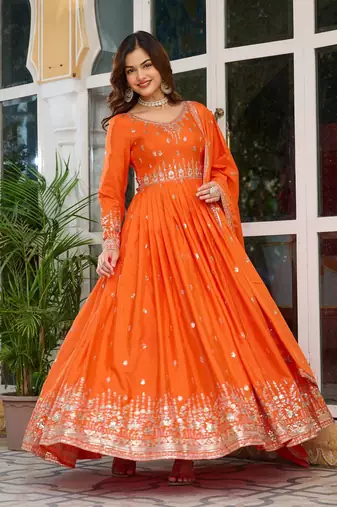 Orange Thread & Sequins Anarkali Set in American Silk