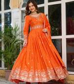 Orange Thread & Sequins Anarkali Set in American Silk