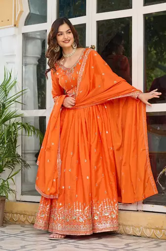 Orange Thread & Sequins Anarkali Set in American Silk
