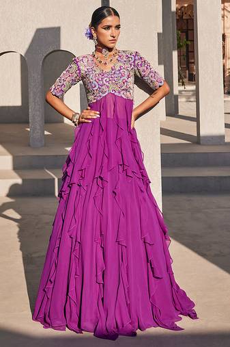 Purple embroidered raw silk anarkali