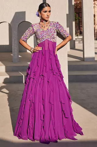 Purple embroidered raw silk anarkali