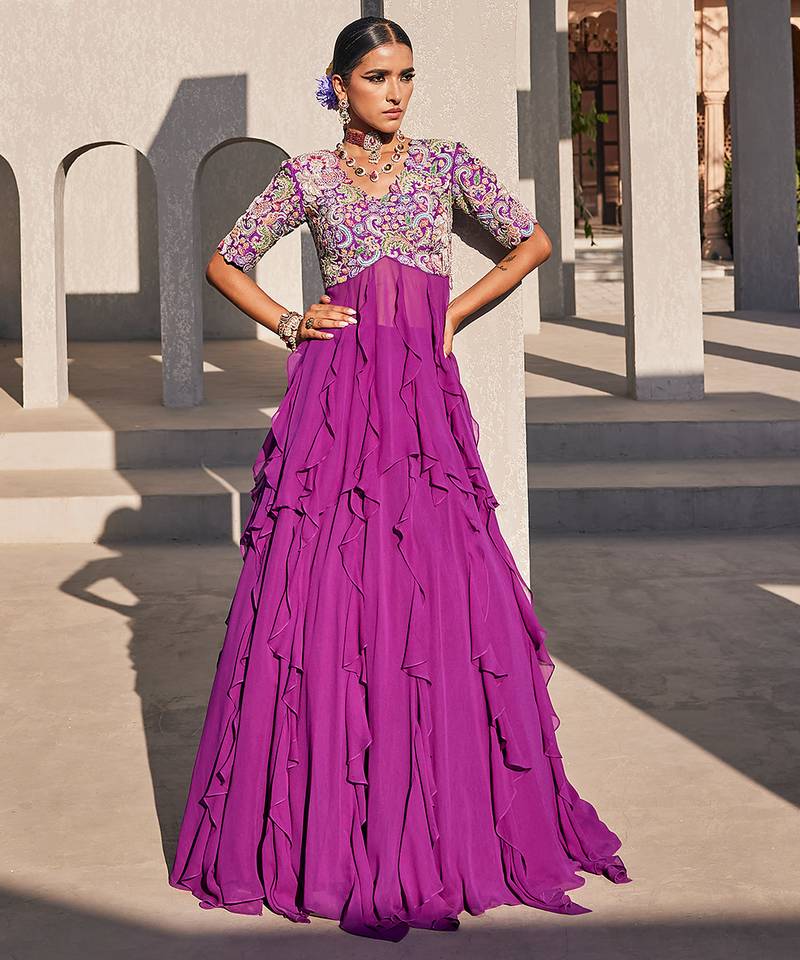 Purple embroidered raw silk anarkali