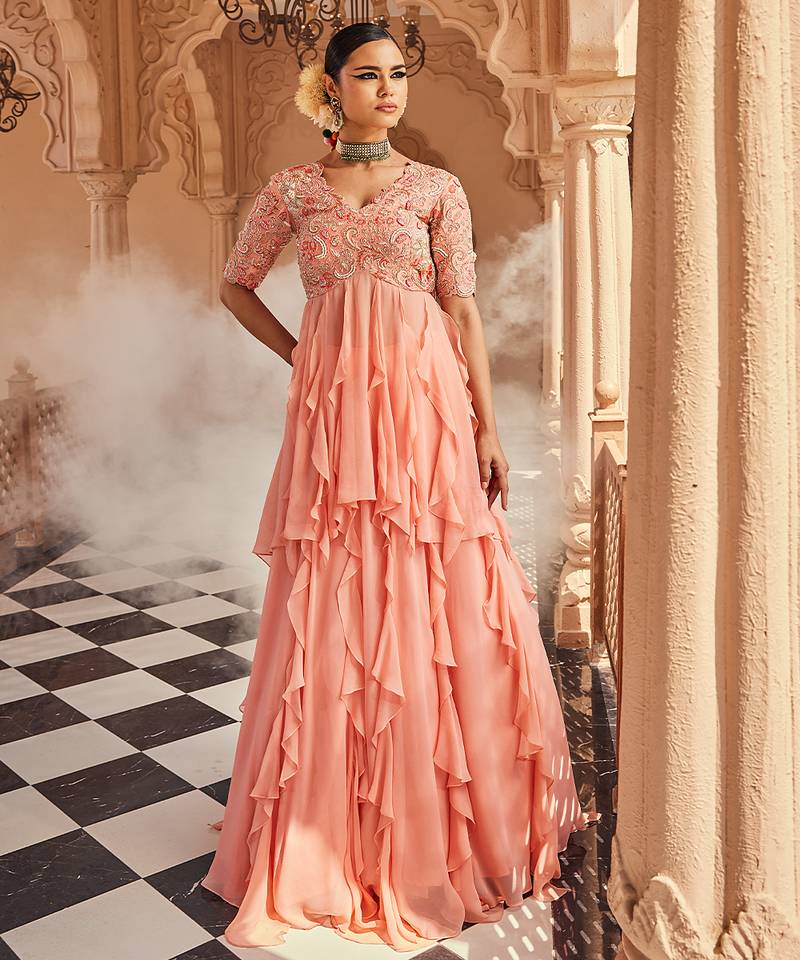 Peach embroidered raw silk anarkali