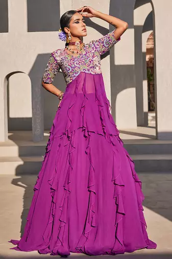 Purple embroidered raw silk anarkali