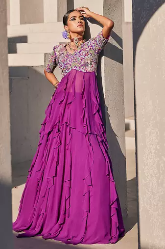 Purple embroidered raw silk anarkali