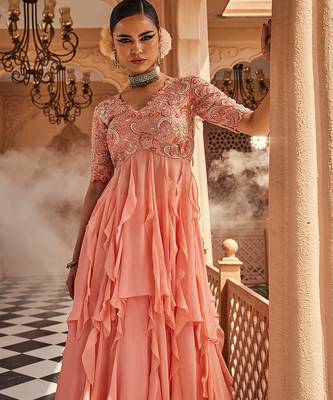 Peach embroidered raw silk anarkali 2