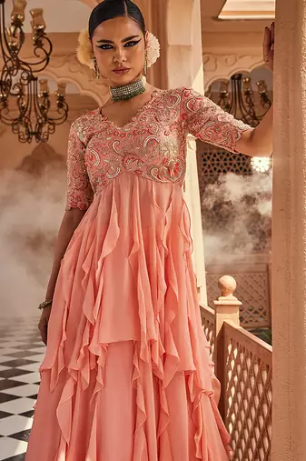 Peach embroidered raw silk anarkali
