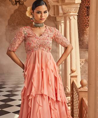 Peach embroidered raw silk anarkali 3