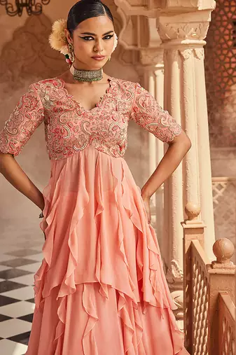 Peach embroidered raw silk anarkali