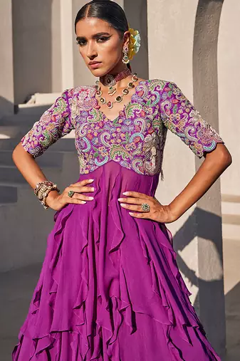 Purple embroidered raw silk anarkali