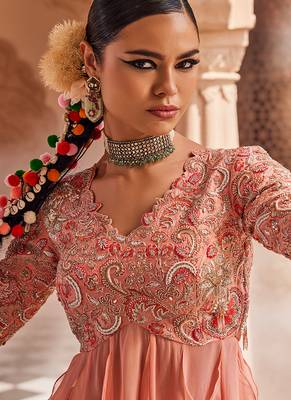 Peach embroidered raw silk anarkali 4
