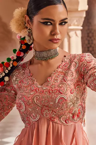Peach embroidered raw silk anarkali
