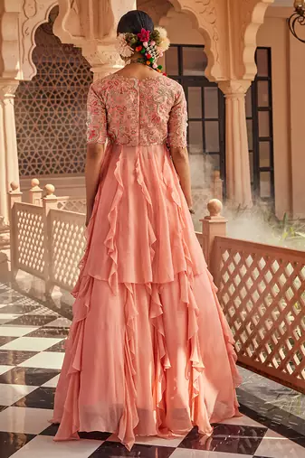 Peach embroidered raw silk anarkali