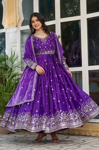 Lavender Embroidered American Silk Anarkali Set