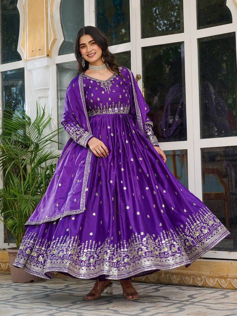 Lavender Embroidered American Silk Anarkali Set
