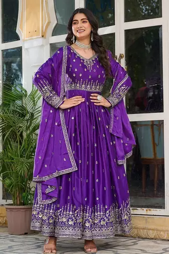 Lavender Embroidered American Silk Anarkali Set