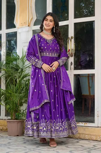 Lavender Embroidered American Silk Anarkali Set