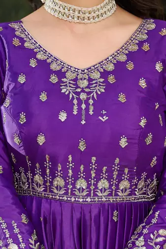 Lavender Embroidered American Silk Anarkali Set
