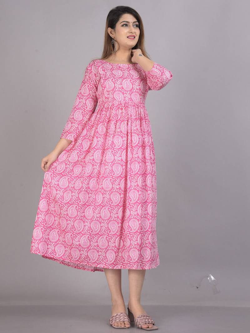 Aarti fashion pink women printed fit and flare maternity ethnic dresses