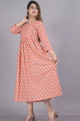 Aarti fashion peach women printed fit and flare maternity ethnic dresses