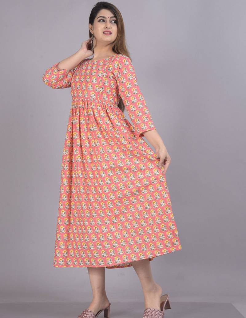 Aarti fashion peach women printed fit and flare maternity ethnic dresses