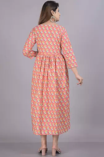 Aarti fashion peach women printed fit and flare maternity ethnic dresses