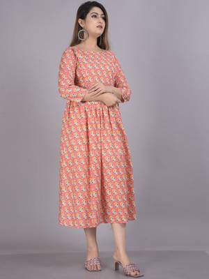 Aarti fashion peach women printed fit and flare maternity ethnic dresses 3