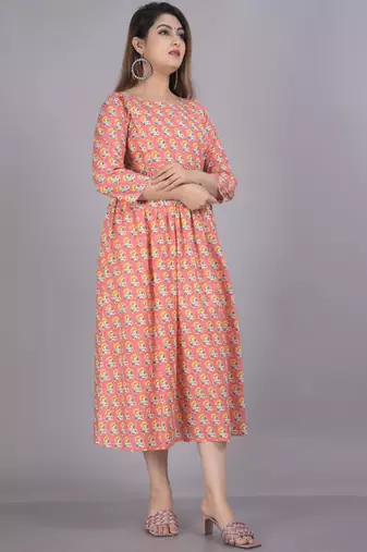 Aarti fashion peach women printed fit and flare maternity ethnic dresses