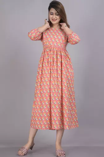 Aarti fashion peach women printed fit and flare maternity ethnic dresses