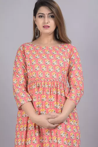 Aarti fashion peach women printed fit and flare maternity ethnic dresses