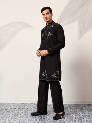 BLACK VISCOSE SILK THREAD & SEQUINS EMBROIDERED WORK FUNCTION FESTIVAL MARRIAGE PARTY WEAR STRAIGHT KURTA DUPATTA 8