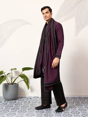 PURPLE VISCOSE SILK THREAD & SEQUINS EMBROIDERED WORK FUNCTION FESTIVAL MARRIAGE PARTY WEAR STRAIGHT KURTA DUPATTA 8