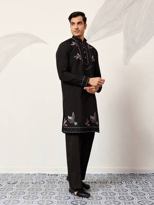 BLACK VISCOSE SILK THREAD & SEQUINS EMBROIDERED WORK FUNCTION FESTIVAL MARRIAGE PARTY WEAR STRAIGHT KURTA DUPATTA 9