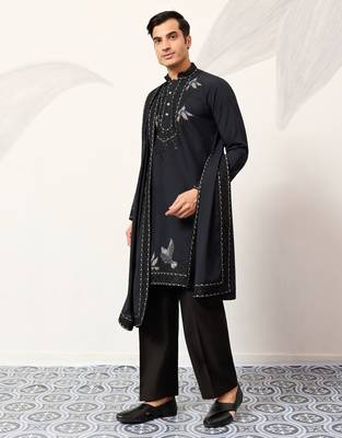 NAVY BLUE VISCOSE SILK THREAD & SEQUINS EMBROIDERED WORK FUNCTION FESTIVAL MARRIAGE PARTY WEAR STRAIGHT KURTA DUPATTA 8