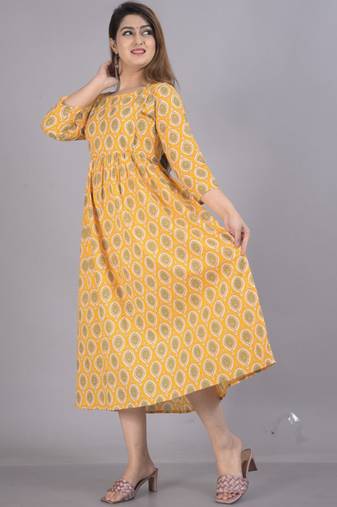 Aarti fashion yellow women printed fit and flare maternity ethnic dresses
