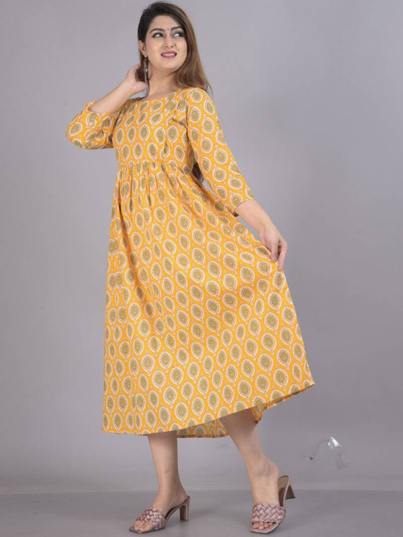 Aarti fashion yellow women printed fit and flare maternity ethnic dresses