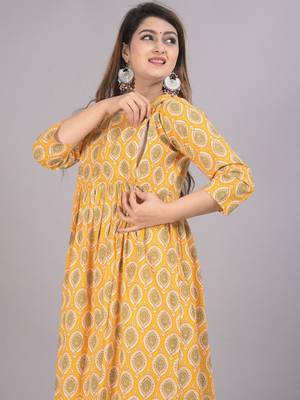 Aarti fashion yellow women printed fit and flare maternity ethnic dresses 3