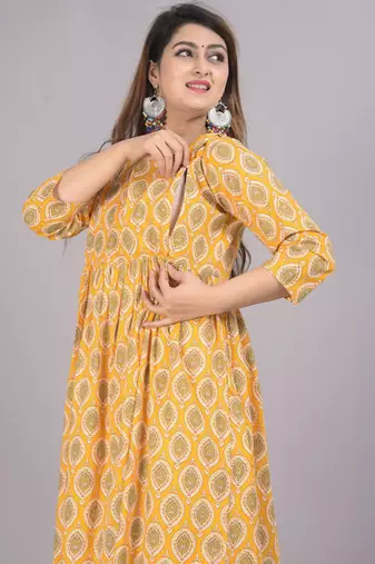 Aarti fashion yellow women printed fit and flare maternity ethnic dresses
