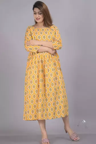 Aarti fashion yellow women printed fit and flare maternity ethnic dresses