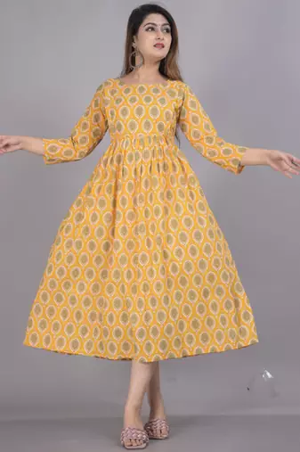Aarti fashion yellow women printed fit and flare maternity ethnic dresses