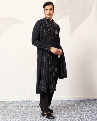 NAVY BLUE VISCOSE SILK THREAD & SEQUINS EMBROIDERED WORK FUNCTION FESTIVAL MARRIAGE PARTY WEAR STRAIGHT KURTA DUPATTA 9