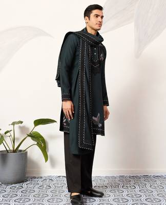 GREEN VISCOSE SILK THREAD & SEQUINS EMBROIDERED WORK FUNCTION FESTIVAL MARRIAGE PARTY WEAR STRAIGHT KURTA DUPATTA 9